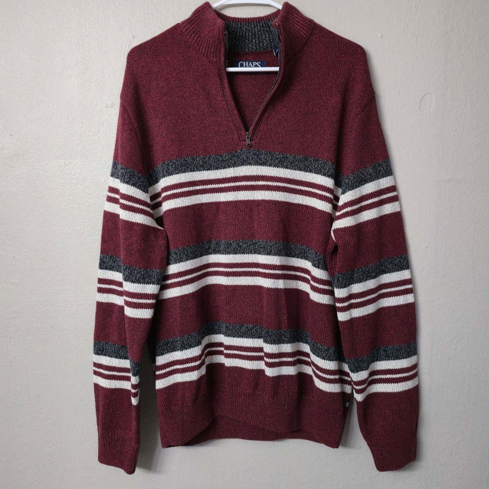 Chaps Mens XL Quarter Zip Pullover Sweater Burgundy Red Striped Mock Neck